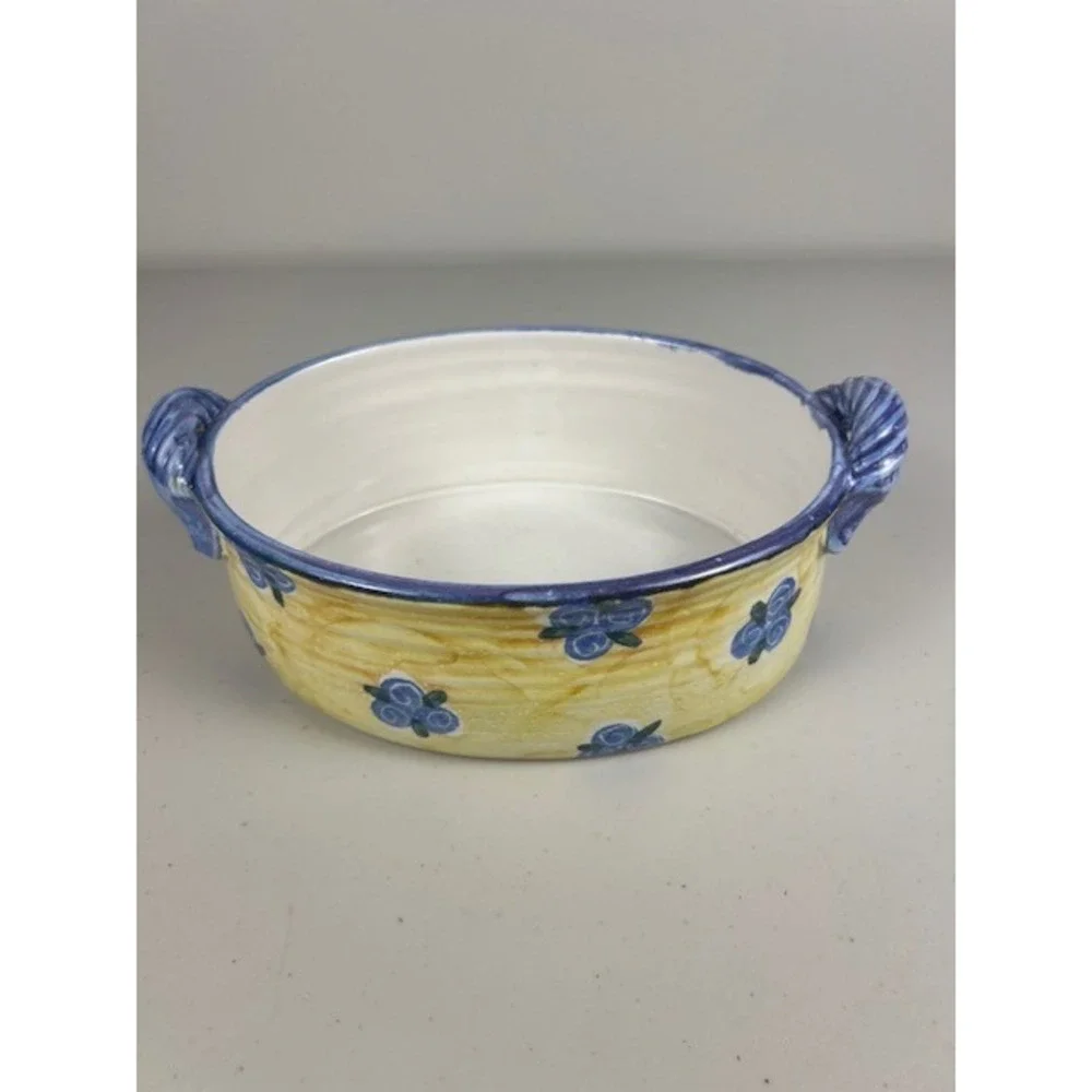 Hand Painted Yellow Blue Floral Ceramic Oval Serving Bowl Handles 10in‎ Signed